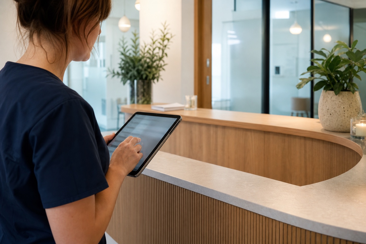Illustratie van een medewerker die met een tablet aan een rustige balie werkt.